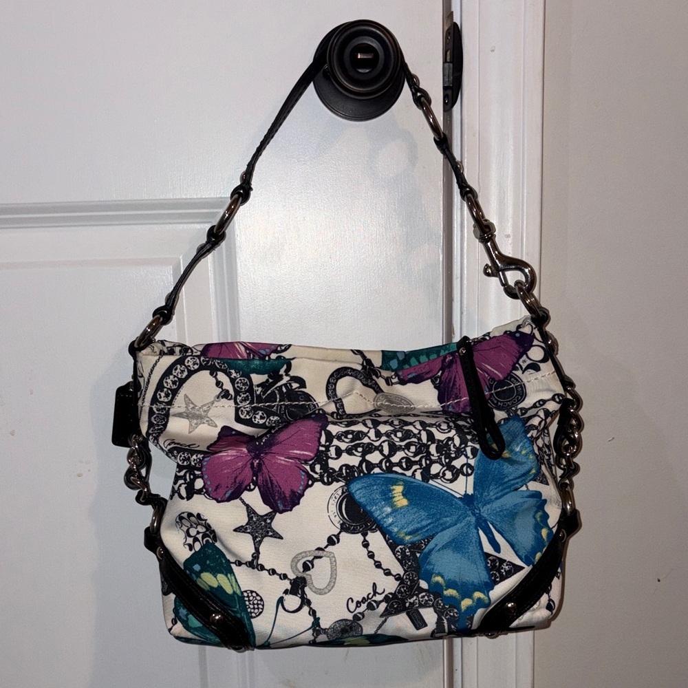 Coach White Bag with Blue and Purple Butterfly Design